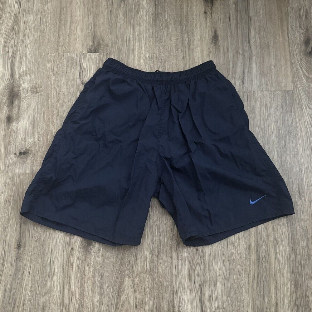 VINTAGE Nike Shorts Mens Med Blue Swim Trunks Lined Swoosh Graphic Sports 90s
